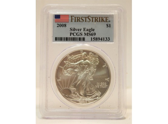First Strike 2008 1 Oz Fine Silver Eagle Dollar Coin PCGS MS69