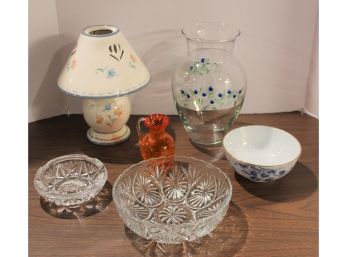 Mixed Lot Glassware & Accents, Candle Lamp, Crackle Glass, Cut Glass And More