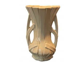 Vintage MCCOY Pottery Ivory Two Handled Ribbon Strap 12' Flower Vase