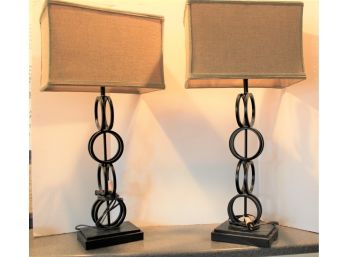 Pair Of Wrought Iron Table Lamps W/Linen Shades