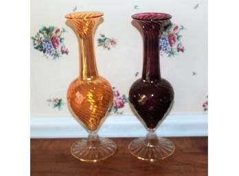 Two Delicate Hand Blown Swirl Glass 12' Vases
