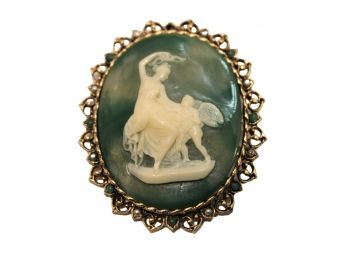 Vintage Signed ART (Mode-Art) Ladies CAMEO Green, Ivory, Antiqued Finish Brooch Pin