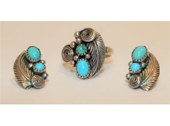 Vintage Sterling Silver & Turquoise Ring & Pierced Earring Set