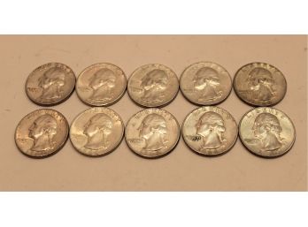 Ten 1964 United States Silver George Washington Quarters
