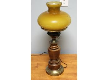 Vintage MCM Wood & Antiqued Brass Table Lamp With Milk Glass Hurricane Shade
