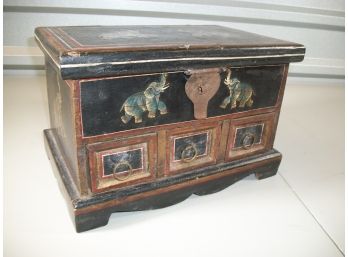 Interesting Vintage Diminutive Lidded Box  With Drawers Hand Painted Elephants