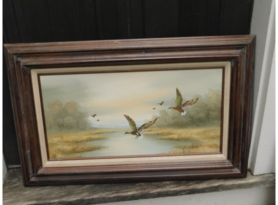 Vintage 1970's Signed Painting Of Flying Ducks