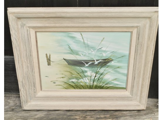 Signed Ocean Oil Color Seascape Painting Depicting Row Boat And Sea Gulls