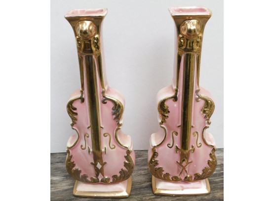 Vintage Pair Pink Ceramic Violin Vases