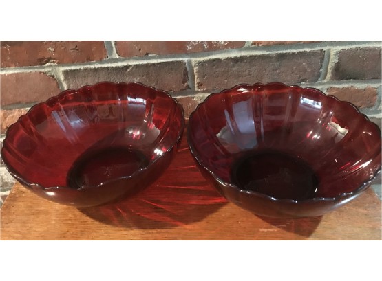 Pair Of Arcoroc Scalloped France Ruby Red Bowls