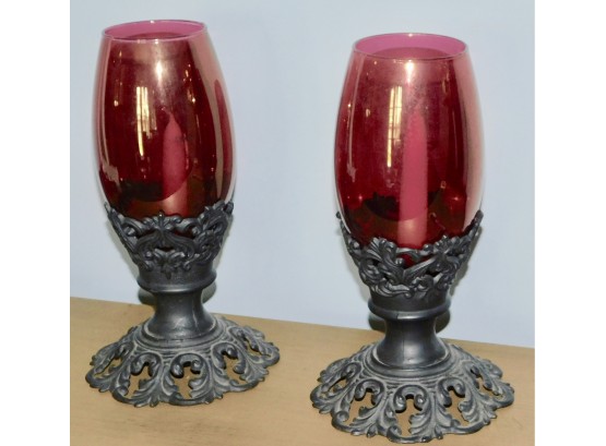 Red Ruby Colored Glass Cast Metal Candle Holders