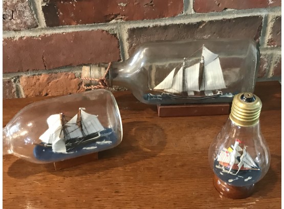Vintage Set Of  3 Ships In Bottle