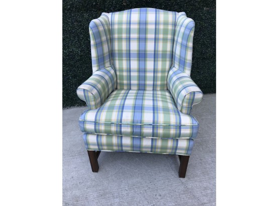 Plaid Upholstered Wing Chair