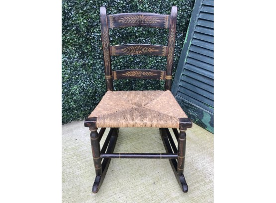 Antique 18th Century Hitchcock Style Children's Rocking Chair With Rush Seat
