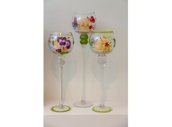 Three Tall Handpainted Candle Holders
