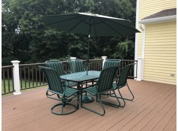 Outdoor Dining Glass Top Table & Six Chairs And Market Umbrella