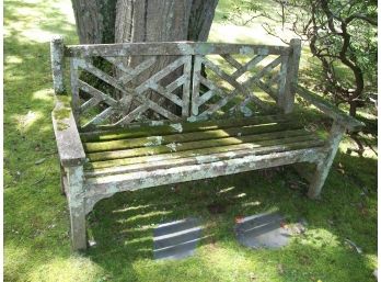 STUNNING Moss Covered English Teak Garden Bench - AMAZING PATINA !