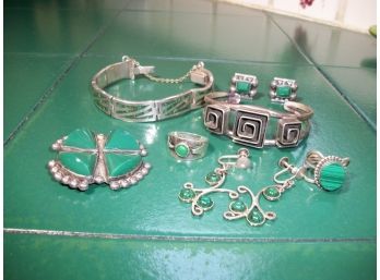 Georgous Lot Of Sterling Silver Jewelry W/Malachite - (9) Nine Piece Lot