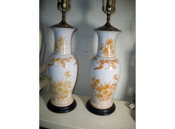 Lovely Pair Urn Form Floral Lamps Yellow & White Porcelain - Nice !