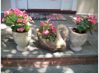 Fantastic Pair Vintage Cement Pots & Swan Planter - Great Patina On All Pieces !