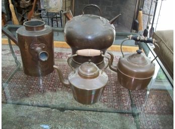 Four Pieces Antique Copper Items -Teapots, Steampot, Pot With Heart Decoration