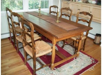 Lovely Country Pine Dining / Kitchen Table & Six Rush Seat Chairs