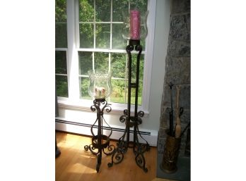 Stunning Hand Made Wrought Iron Candle Stands W/Cut Crystal Hurricane Shades
