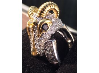 Very Nice 'Rams Head' 14KT / Sterling Silver Ring W/Swarovski Crystals - FANTASTIC RING !