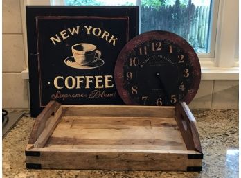 Wood Tray, Clock And Sign