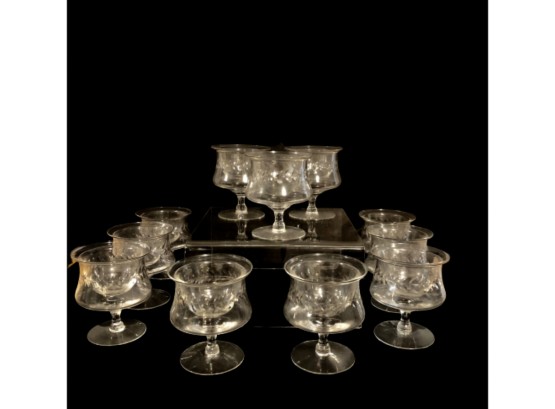 Ten Etched Glass Shrimp Cocktail Glasses  With Inserts