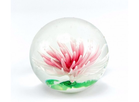 Hand Blown Art Glass Small Paperweight W/ Pink Flower