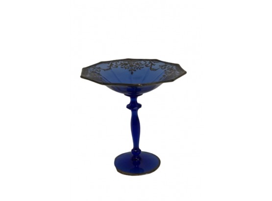 Royal Blue Glass Compote With Gold Accents