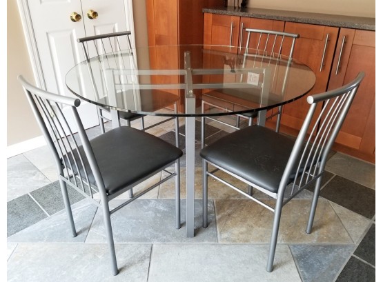 Modernist Steel And Glass Top Table & 4 Leather Upholstered Chairs By Amisco