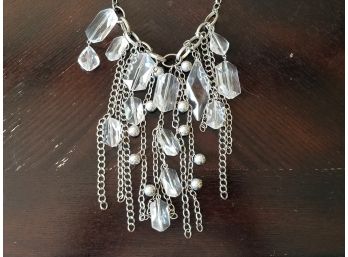 Stunning Silver Tone Clear Faceted Lucite Statement Bib Necklace