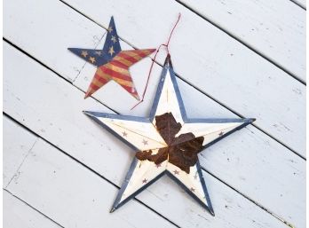 2 Vintage Rustic Metallic Patriotic Star Hanging Ornaments