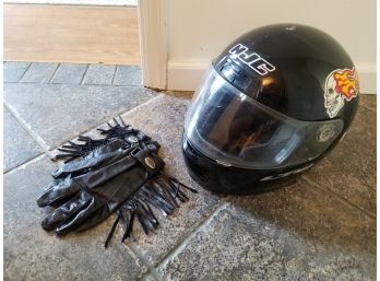 Full Motorcycle Helmet & Pair Of Harley Davidson Fringed Leather Gloves