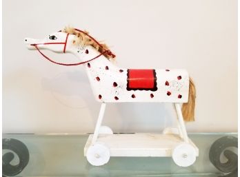 Charming Rustic Small Folk Art Wooden Toy Horse On Wheels