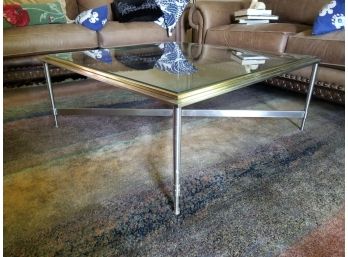 Modernist Brushed Steel Base Beveled Glass Top Square Coffee Table