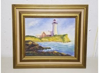 Charming Acrylic On Board Painting Of A Lighthouse, Signed 'M. Lynch'