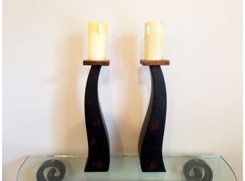 Pair Of Modernist Carved Wooden Pillar Candleholders