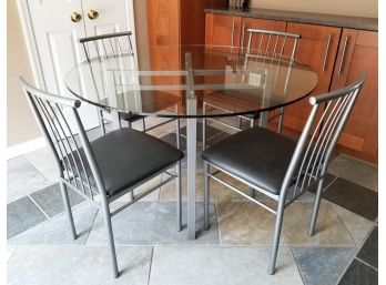 Modernist Steel And Glass Top Table & 4 Leather Upholstered Chairs By Amisco