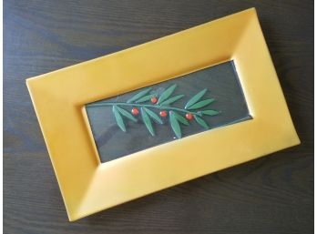 Unique Rectangular Glass Platter With Gilt Rim & Reverse Painted Relief