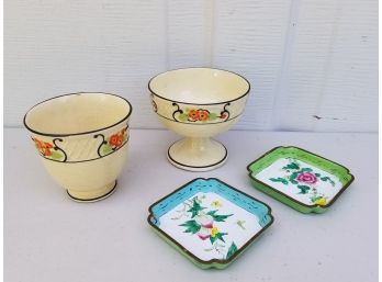 Small Asian Painted Enamel Brass Dishes & 2 Made In Japan Pottery Cups
