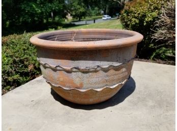 Vintage Large Round Textured Clay Planter With Soil