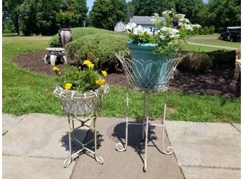 2 Wrought Iron Basket Style Planter Stands & Potted Plants