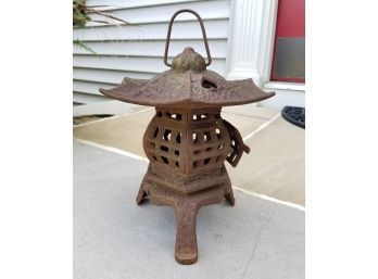 Vintage Rustic Footed Cast Iron Pagoda Lantern/ Sculpture With Handle