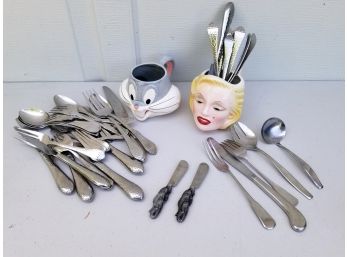 Large Assortment Of Stainless Steel Flatware And 2 Figural Mugs