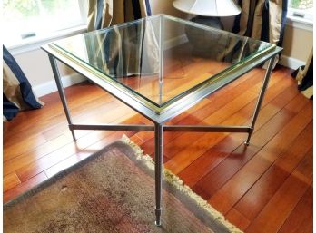 Modernist Brushed Steel Base Beveled Glass Top Square Card Table