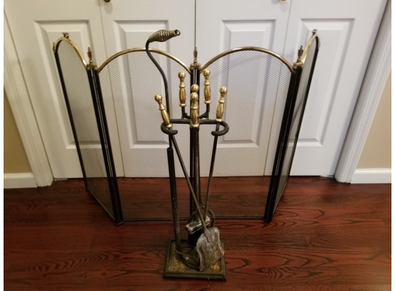 Vintage 3 Pieces Fireplace Tools On Stand & Fireplace Screen