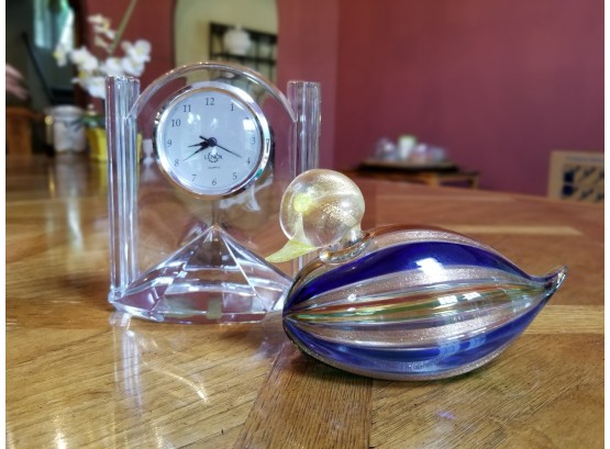 Vintage Lenox Crystal Mantle Clock & Murano Style Glass Duck Figurine